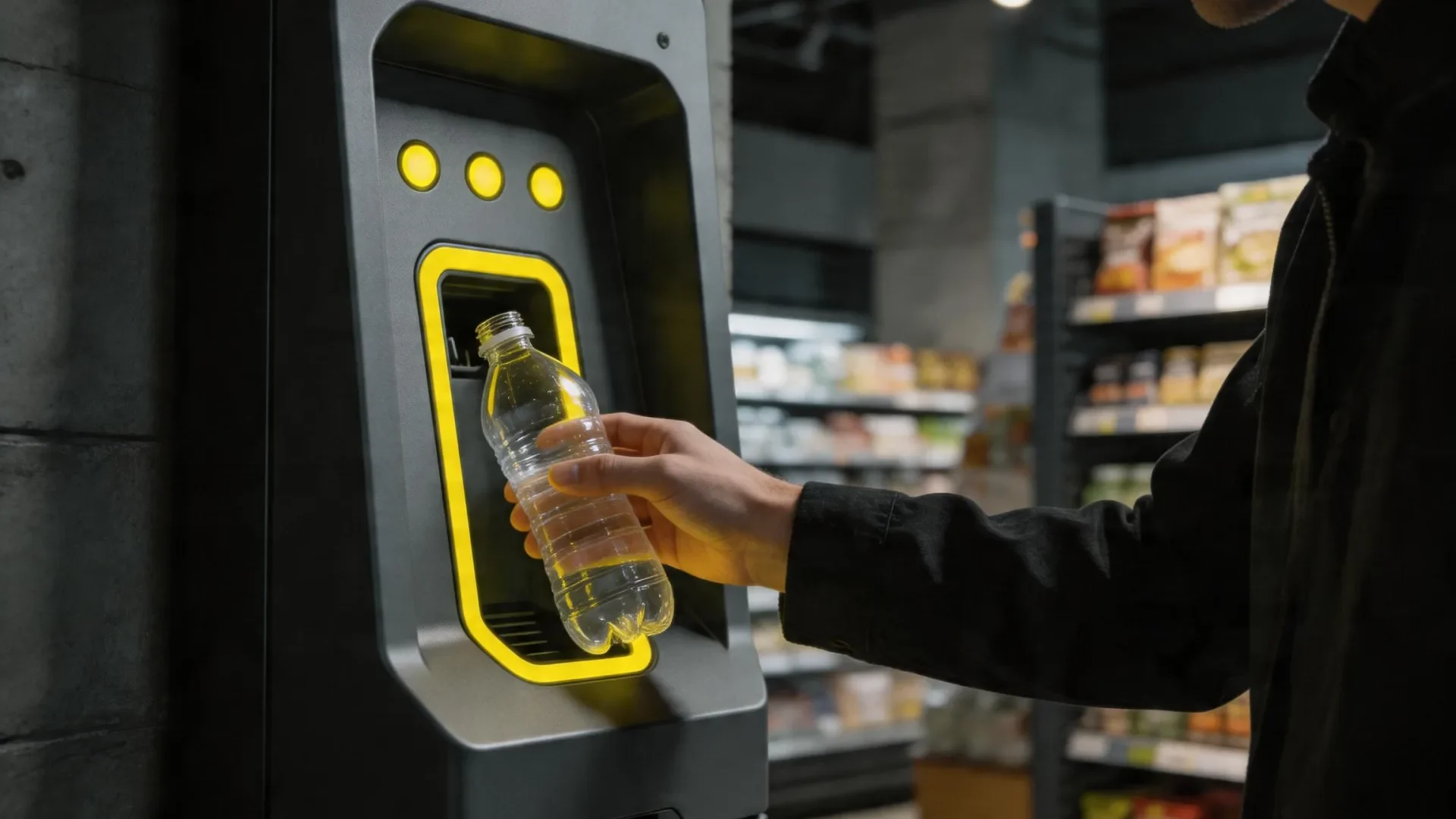 Reverse vending machine in a Polish supermarket accepting a PET bottle