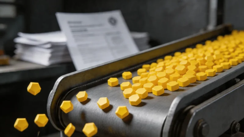 rPET pellet conveyor at a recycling plant — ISCC PLUS certification