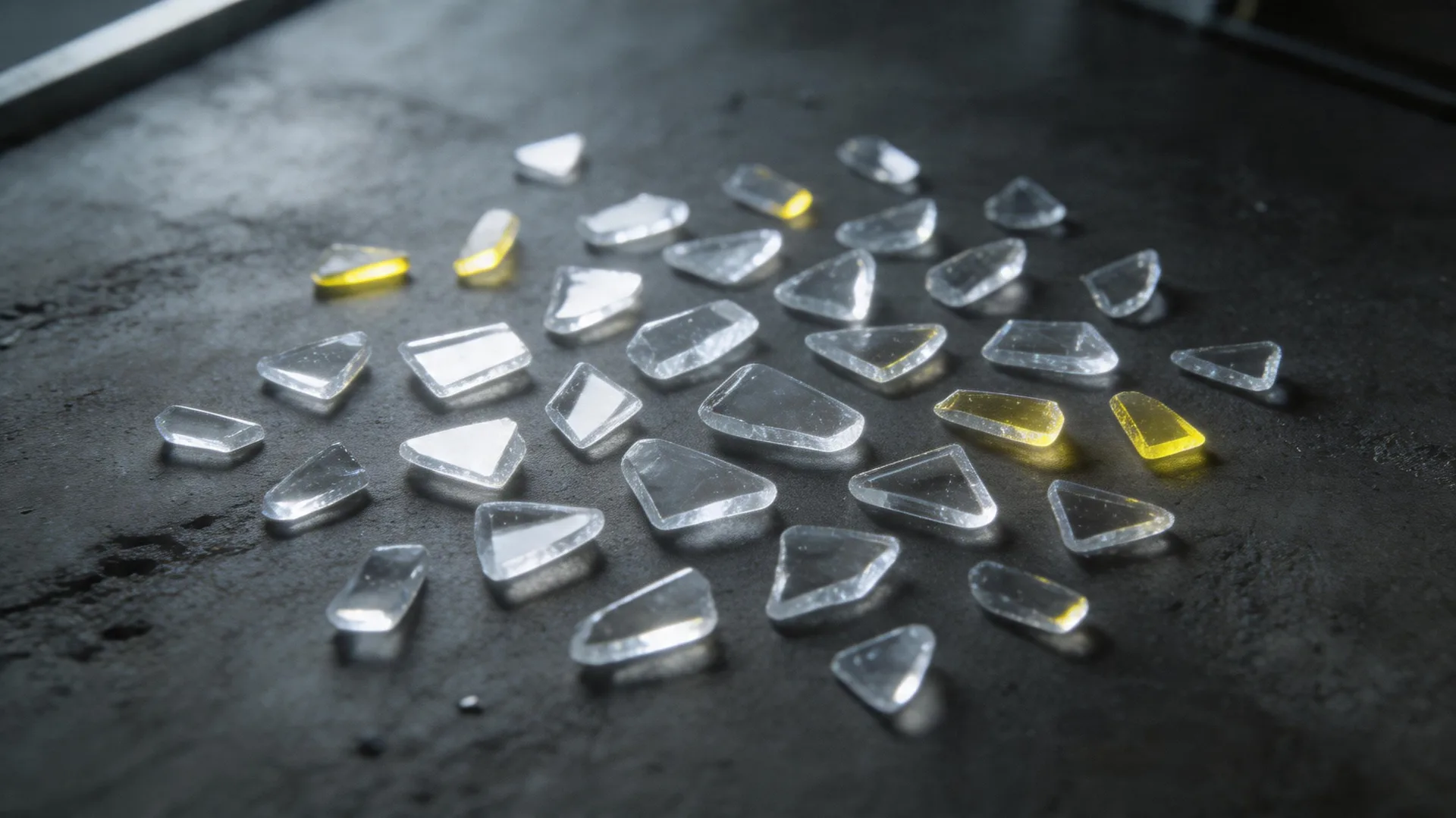 Macro shot of transparent rPET flakes on a dark background