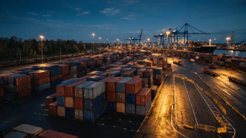 Container terminal at dusk with one lane closed off