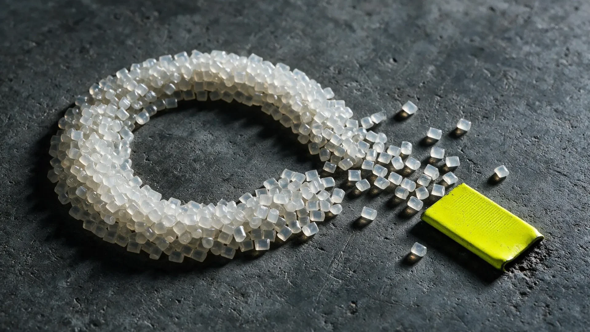 A broken loop of plastic pellets on dark concrete