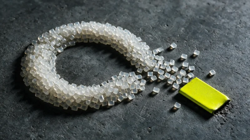 A broken loop of plastic pellets on dark concrete