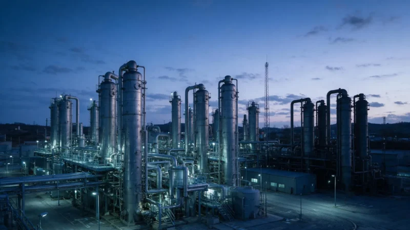 Pyrolysis plant at dusk with one section shut down