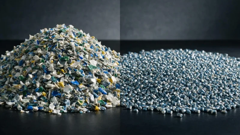 Mixed plastic waste beside clean regranulate pellets