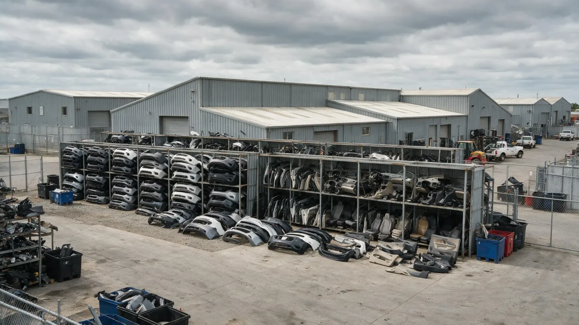 Sorted automotive plastic parts at a dismantling facility