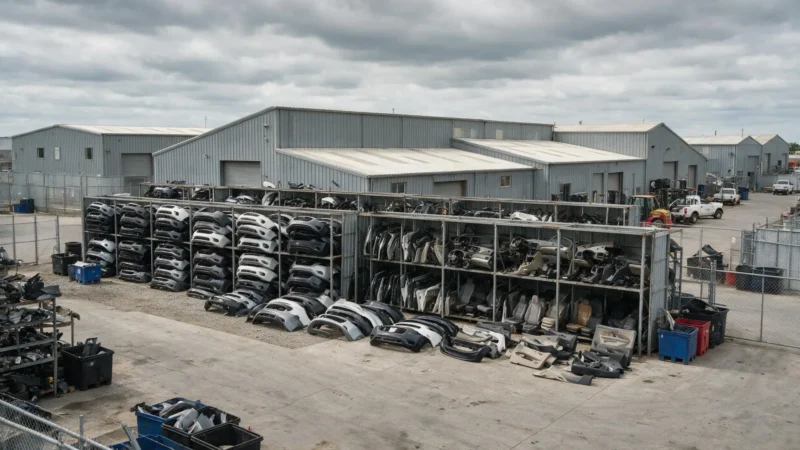 Sorted automotive plastic parts at a dismantling facility