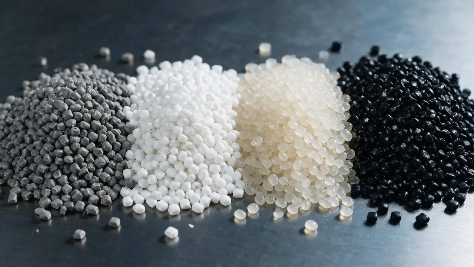 Four grades of recycled polymer pellets on a steel surface