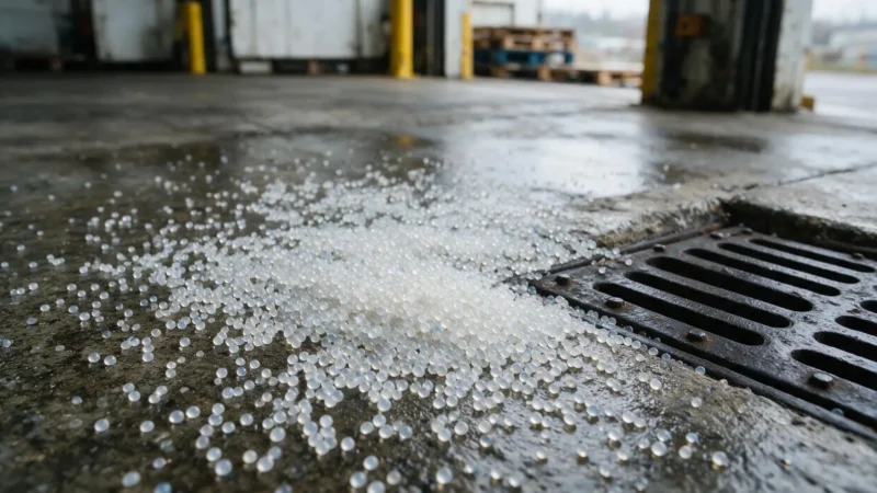 Spilled plastic pellets on concrete near a drain