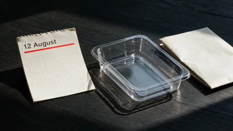 Calendar marked 12 August beside PET packaging and a document