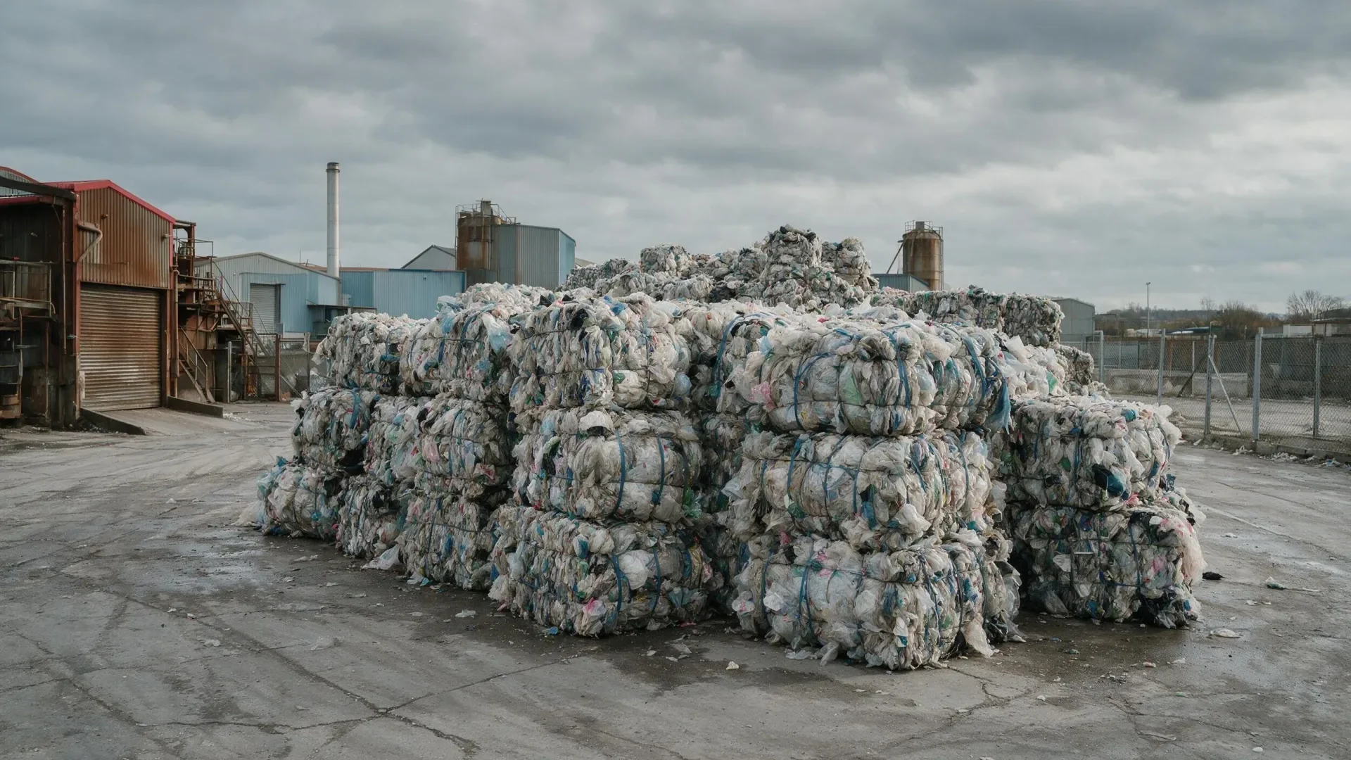 Baled mixed plastics stacked at a sorting yard