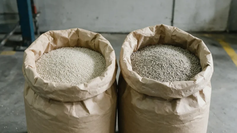 Two open paper sacks of plastic granulate side by side on a factory floor