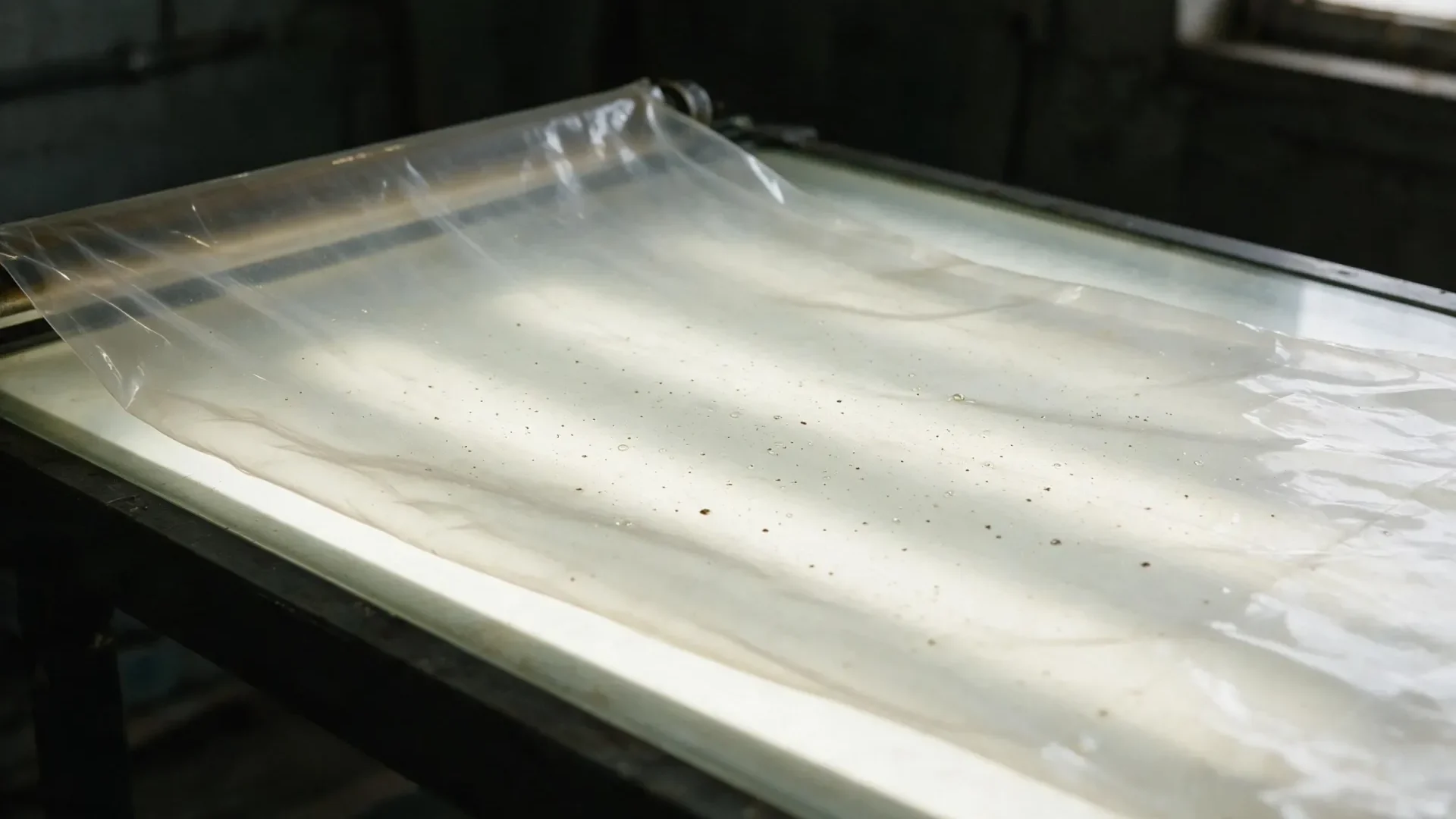 Translucent recycled plastic film on a backlit inspection table showing small defects