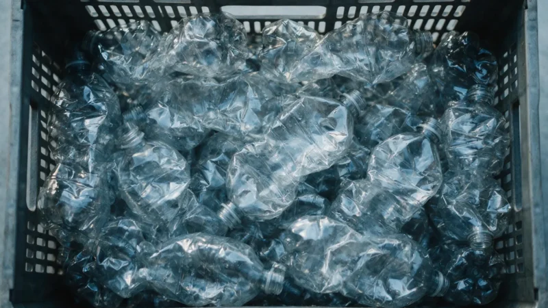 Crushed clear PET bottles filling a deposit collection crate seen from above